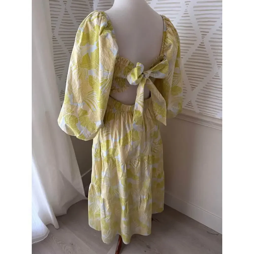 Karlie Women’s Large Tropical Leaf Poplin Smock Puff Sleeve Maxi Dress